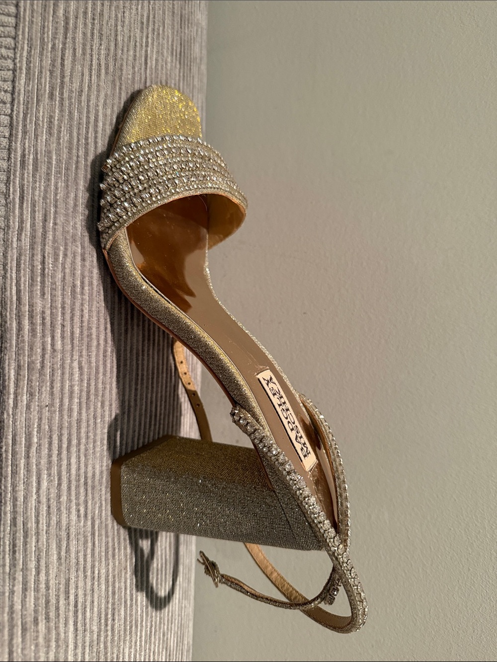 Badgley Mischka Gold Glitter Block Heel Sandals with Crystal-Strap